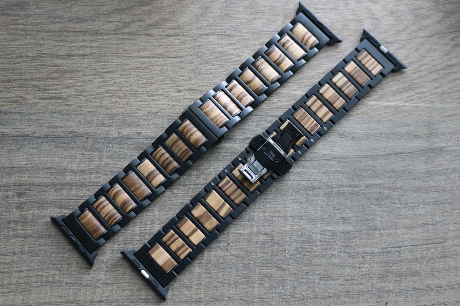 HAVERN Black Stainless Steel + Zebrawood 42mm Apple Watch Bands