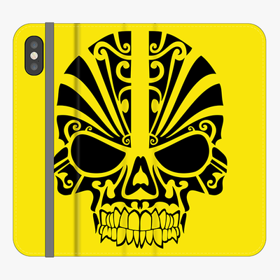 Folio iPhone X  Phone Folio - Black Skull With Yellow Background