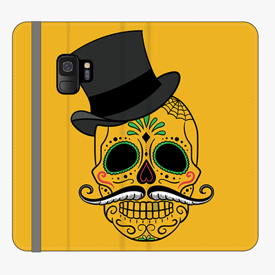 Folio Samsung Galaxy S9  Phone Folio - Skull Art With Dark Yellow Background