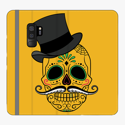 Folio Samsung Galaxy S9 Plus  Phone Folio - Skull Art With Dark Yellow Background