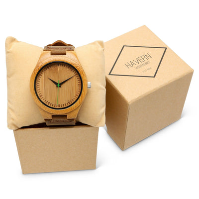 HAVERN Minimalist Leather and Bamboo Wooden Mens Wood watch - Green-Mens Watches-HAVERN Woodworks